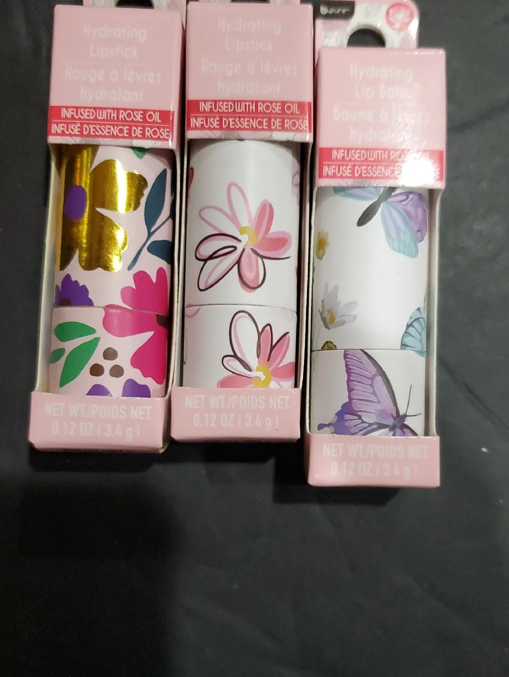 3pack hydrating rose oil infused lipsticks in berry rose, Clear & Peony pink new